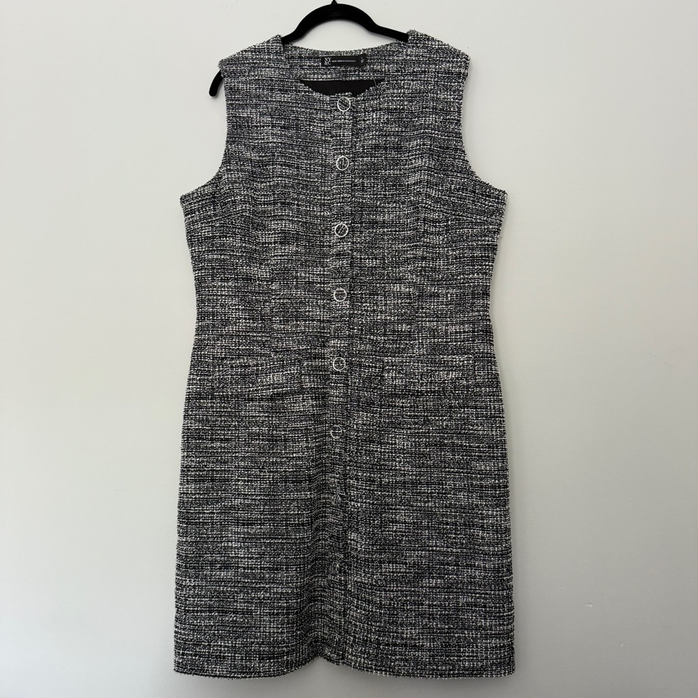 New York & Company Black, White & Green Tweed Sheath Dress